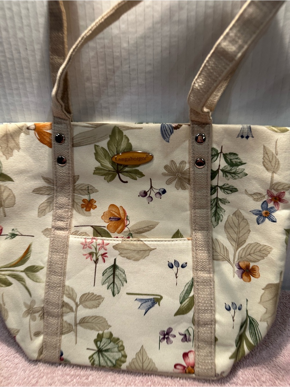 Longaberger Cream Homestead Floral Canvas Tote with Multicolor Botanical Print